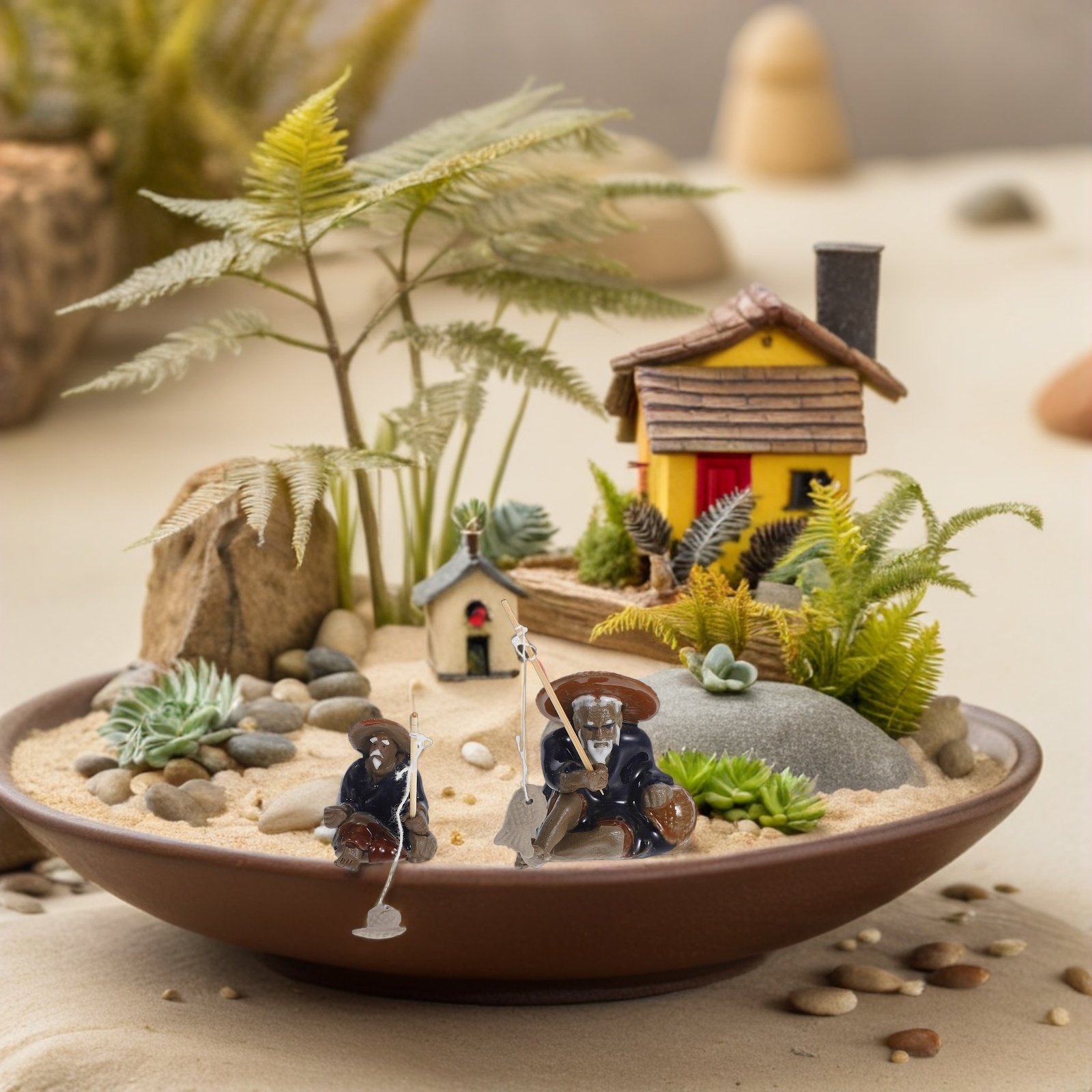 Mini Bonsai Zen Garden - 2 szt. Miniaturowa figurka rybaka do